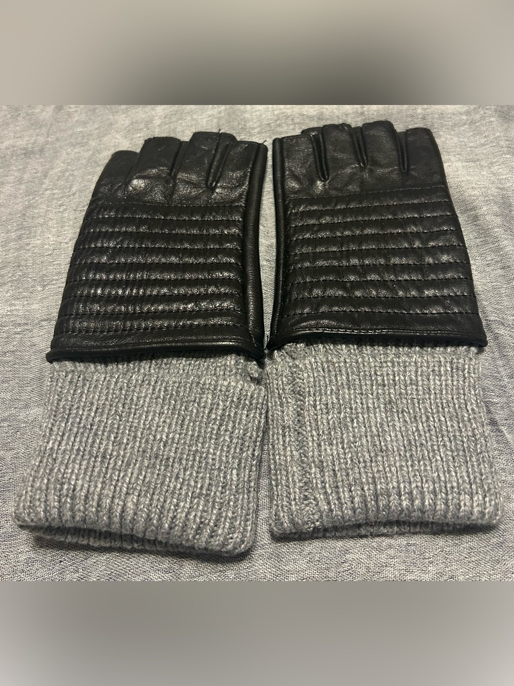 Lauren Ralph Lauren Black Leather Fingerless Gloves with Gray Knit Cuffs Size L